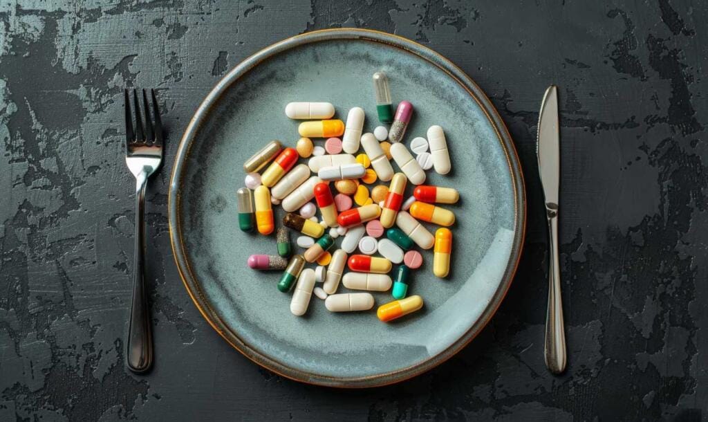 Weight Loss tablets on a plate with a knife and fork - Xenical (Orlistat) in huddersfield at Park View Pharmacy.